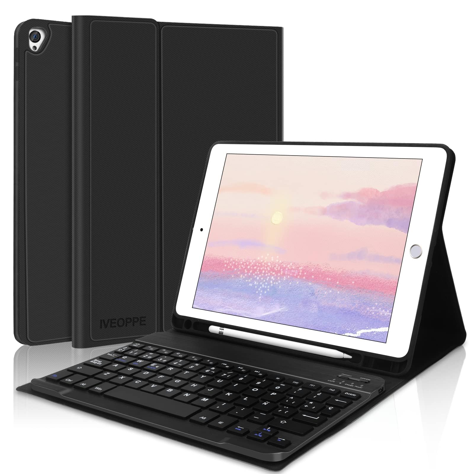 IVEOPPE Teclado iPad 9 Generacion, Funda iPad 10.2 con Teclado, Teclado Español Ñ Bluetooth Inalámbrico Desmontable para iPad 2021/iPad 8/ iPad 7/ iPad Air 3/ iPad Pro 10.5 Negro
