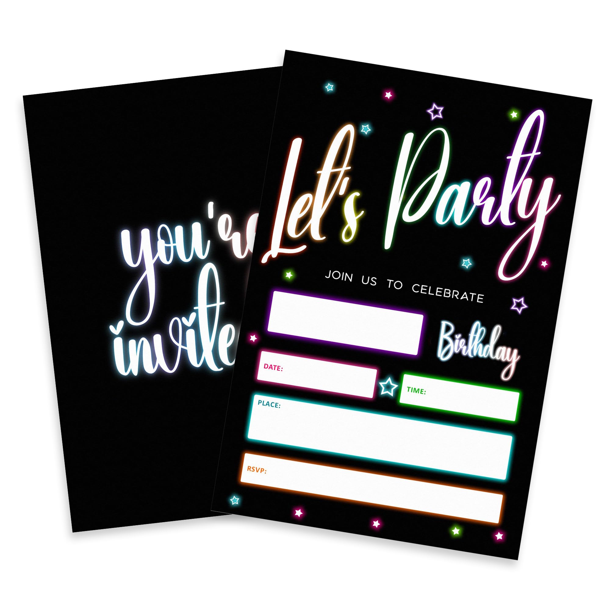 Vodbok Let's Party! Birthday Invitations - Classic Glow Neon - 20 Fill In Black Invites With Envelopes For Girl Boy Teens, Birthday Party Favors &