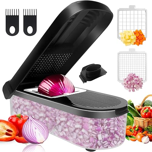 LHS Picador multifuncional de alimentos, cebolla, cortador de verduras, cortador de papas, picador de verduras con recipiente (4 en 1, negro) Negro