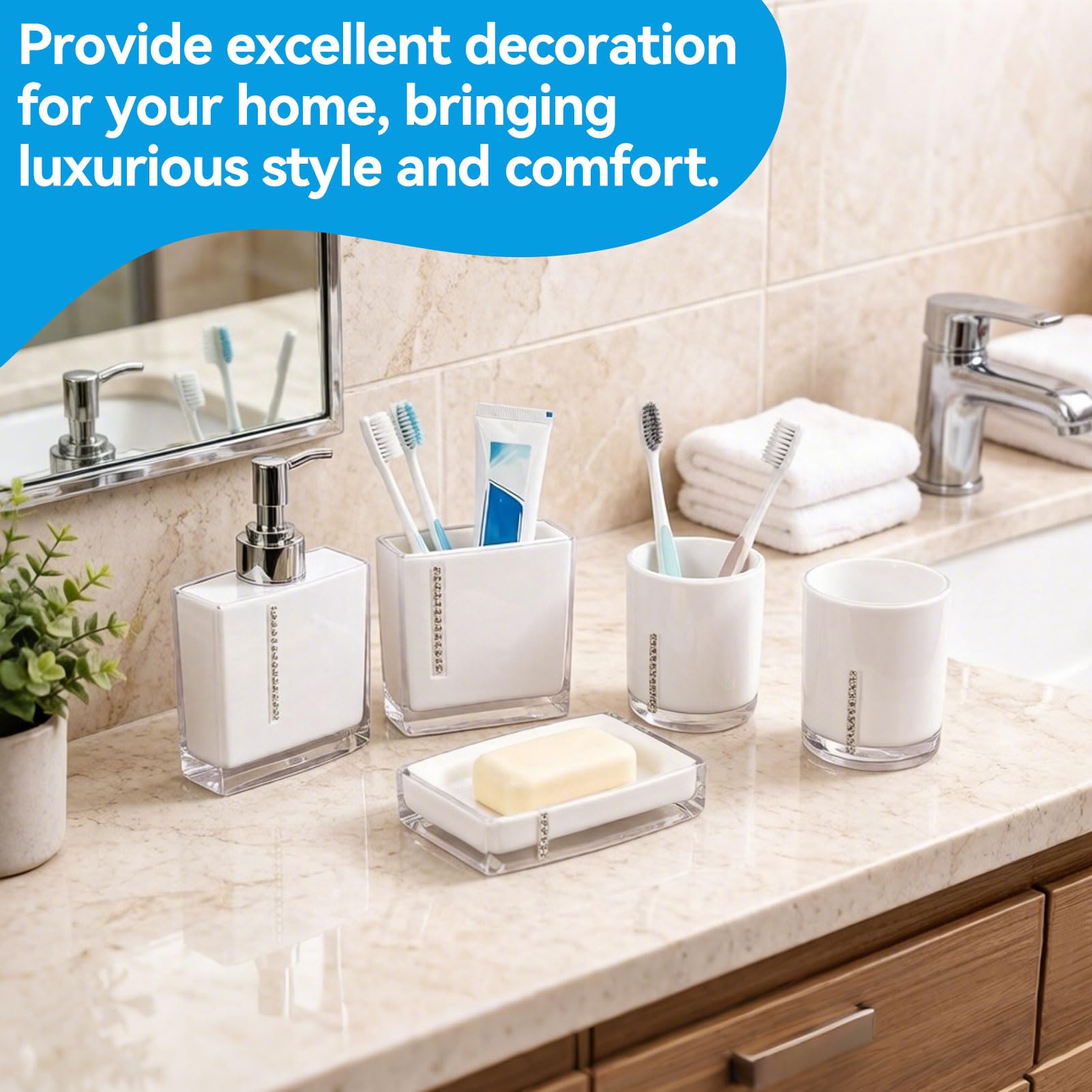 Juego De Accesorios De Baño, Juego De Accesorios De Baño Blanco, 5 Piezas De Acrílico, Taza De Baño, Soporte Para Cepillo De Dientes, Jabonera, Linda Decoración De Baño, Tocador De Baño Moderno, Decor