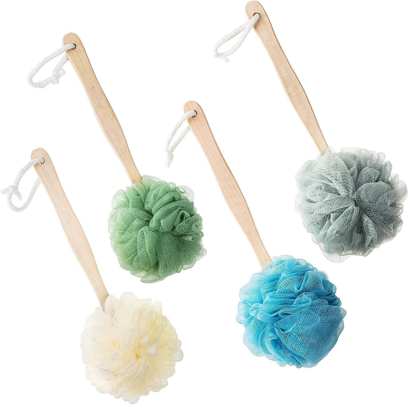 4 Pack Bath Loofah Sponge Set with Long Handle, Exfoliating Shower Back Brush, Spa Body Scrubber for Women and Men, Soft Durable Bathing Accessories, 4 Colors