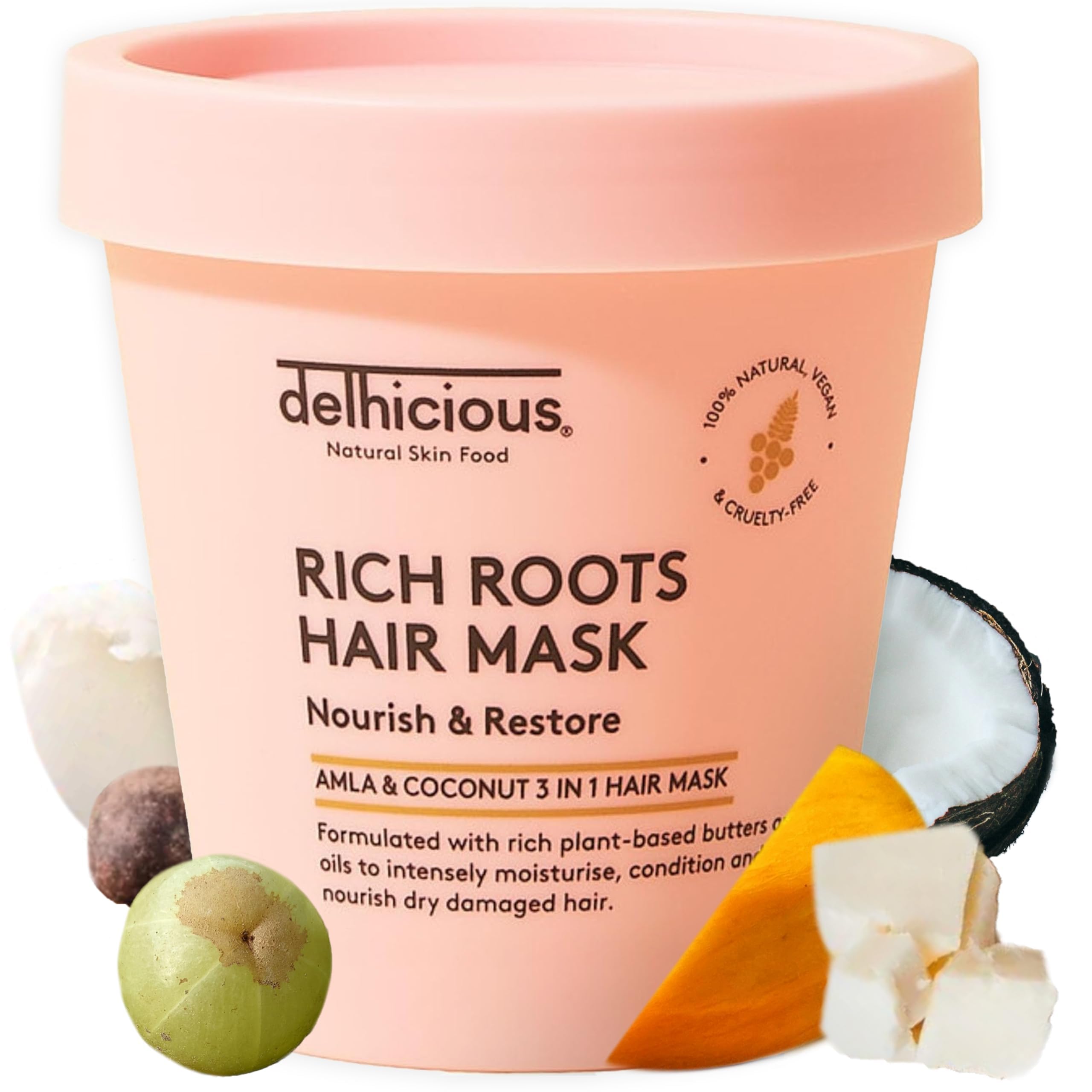 Delhicious Rich Roots 3-in-1 Hair Mask with Amla Oil & Coconut - Hair & Scalp Treatment for Dry, Damaged Hair - Shea Butter, Mango Butter - Vegan, Natural, Ayurveda - Sulphate Free Hair Mask - 175g