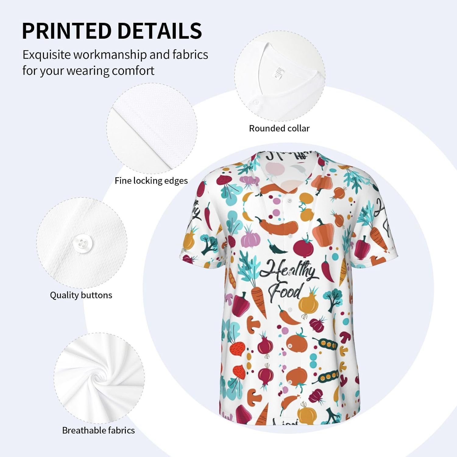 Healthy Food Stylish Softball Jersey,Personalized and Breathable Baseball Button Down for Men for All Seasons and Occasions