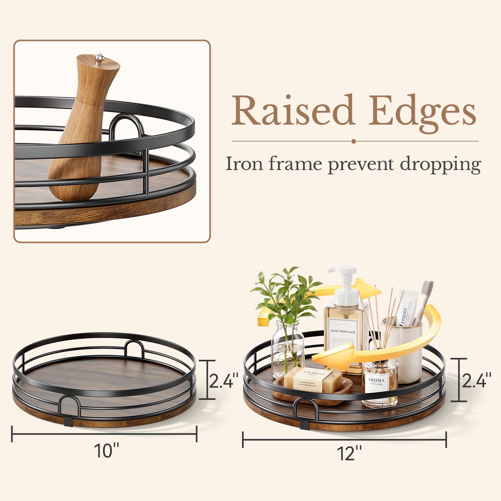 Lazy Susan Drehteller-Organizer für Tischplatte, rund, Holz, für Schrank, Arbeitsplatte, Speisekammer, Gewürze, Küche, Badezimmer, Waschtisch, Kaffee, Heimdekoration, 2 Stück