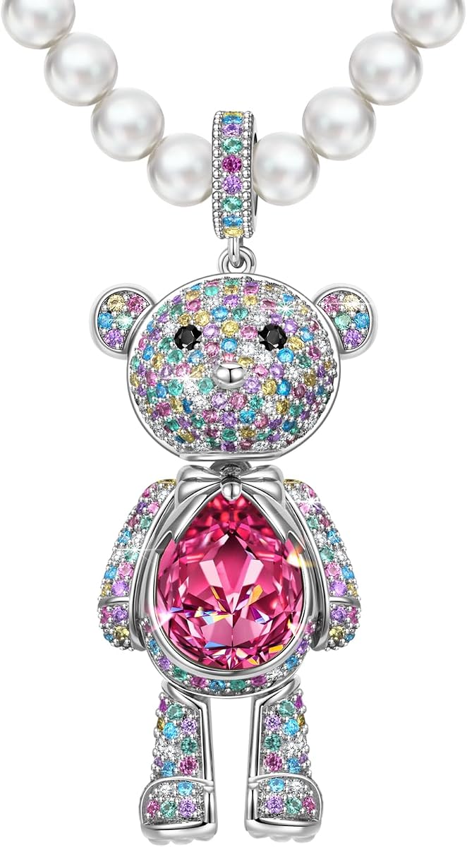 Collar con colgante de osito de peluche con articulaciones móviles y cristales de Swarovski para mujer | Chapado en oro blanco, colgante hipoalergénico probado por SGS, joyería para damas y adolescentes, regalos para cumpleaños, Navidad y amistad