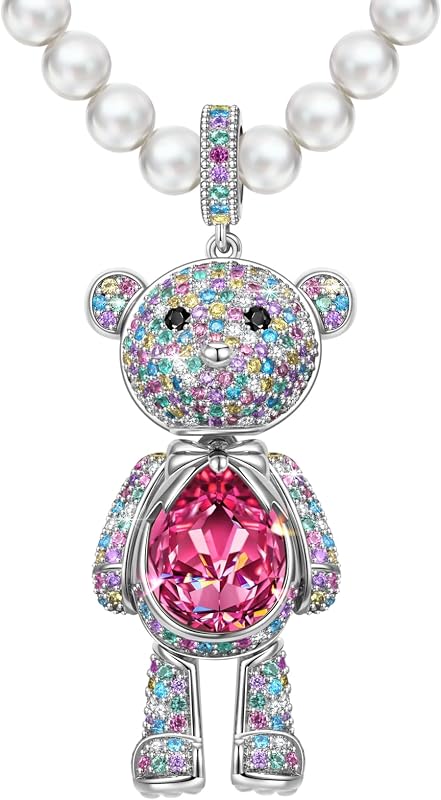 Collar con colgante de osito de peluche con articulaciones celulares y cristales de Swarovski para mujer | Chapado en oro blanco, colgante hipoalergénico probado por SGS, joyería para damas y adolescentes, regalos para cumpleaños, Navidad y amistad