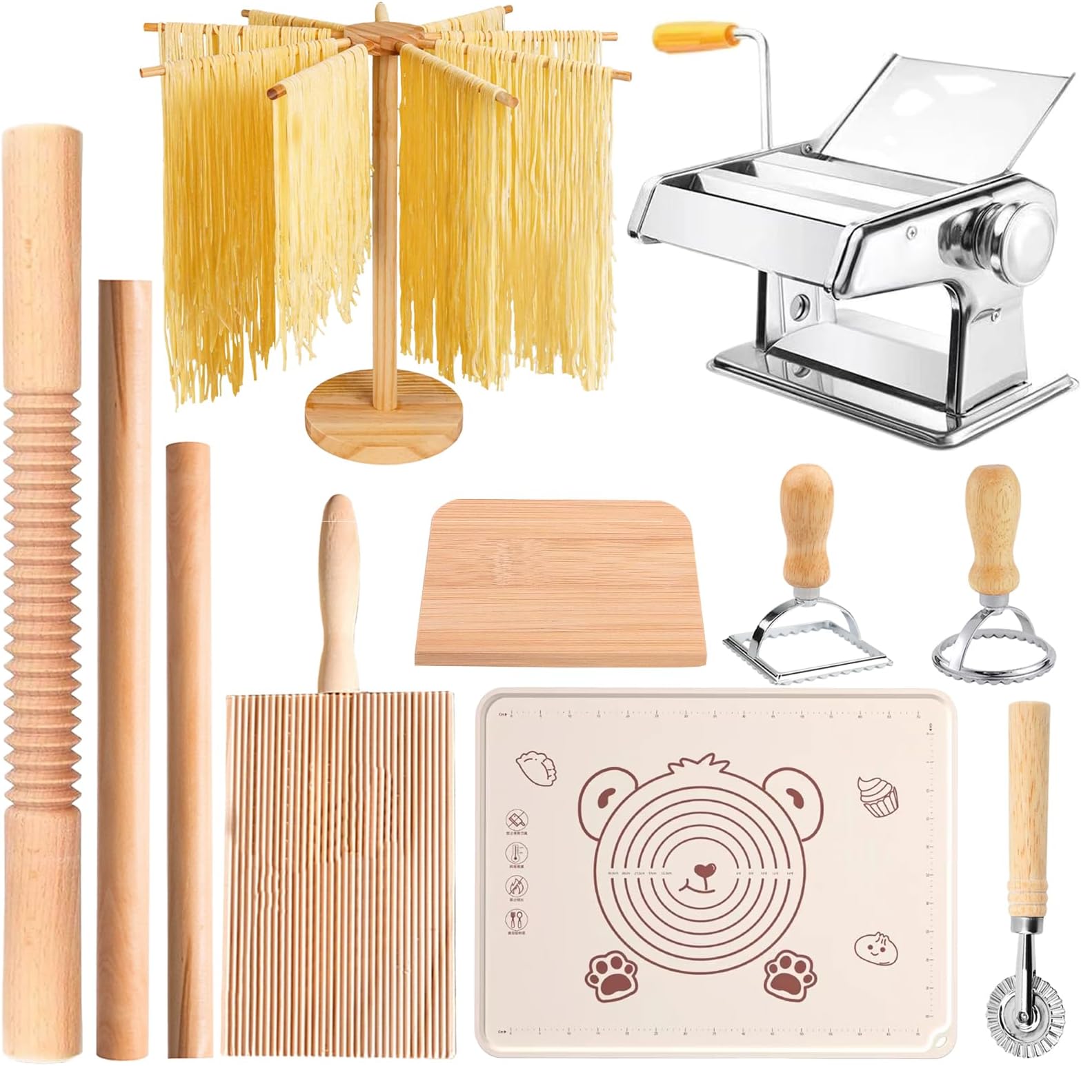 Pasta Making Tools, Pasta Making Kit, Includes Pasta Maker Machine, 1 Pasta Drying Rack, 3 Rolling Pins, 1 Gnocchi Board, 1 Dough Cutter, 1 Ravioli Cutter, 2 Pasta Stamps, 1 Silicone Dough Mat