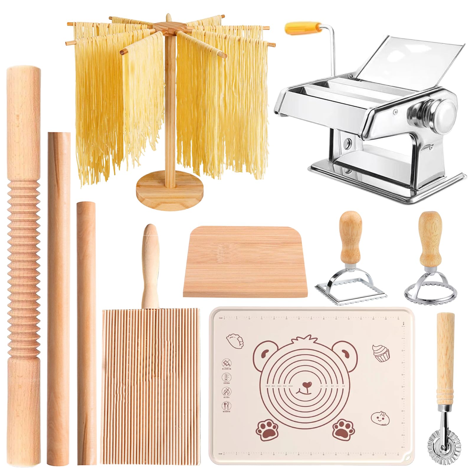 Pasta Making Tools, Pasta Making Kit, Includes Pasta Maker Machine, 1 Pasta Drying Rack, 3 Rolling Pins, 1 Gnocchi Board, 1 Dough Cutter, 1 Ravioli Cutter, 2 Pasta Stamps, 1 Silicone Dough Mat
