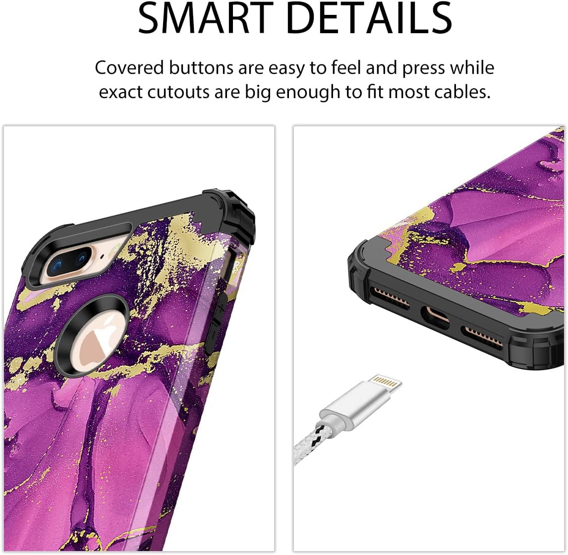 Casetego for iPhone 8 Plus Case/iPhone 7 Plus Case,Heavy Duty Shockproof 3 Layer Hard PC+Soft Silicone Bumper Rugged Anti-Slip Protective Cases for Apple iPhone 8 Plus and iPhone 7 Plus,Purple Marble