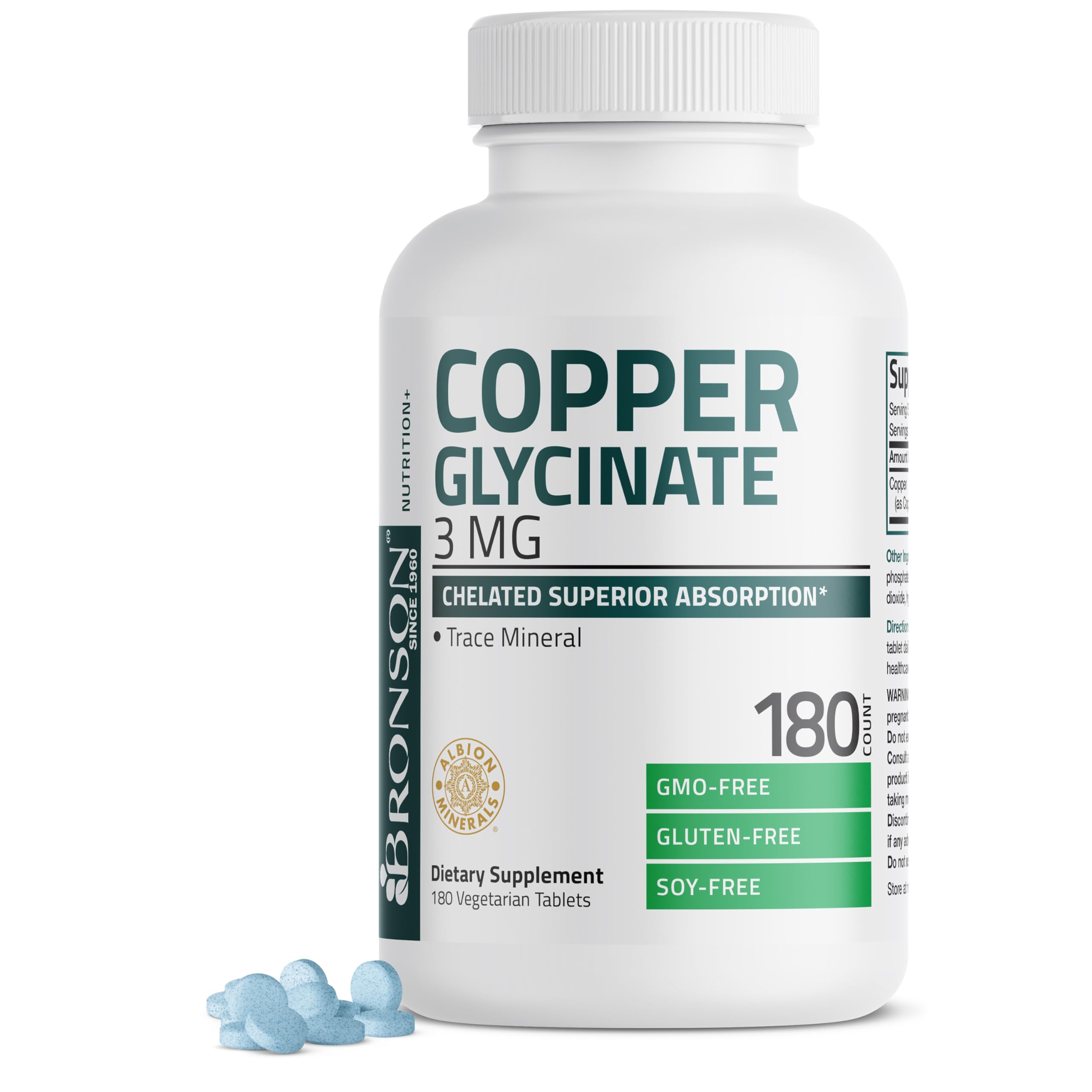 Bronson Copper 3 mg as Albion Bisglycinate Chelate, 180 Vegetarian Tablets