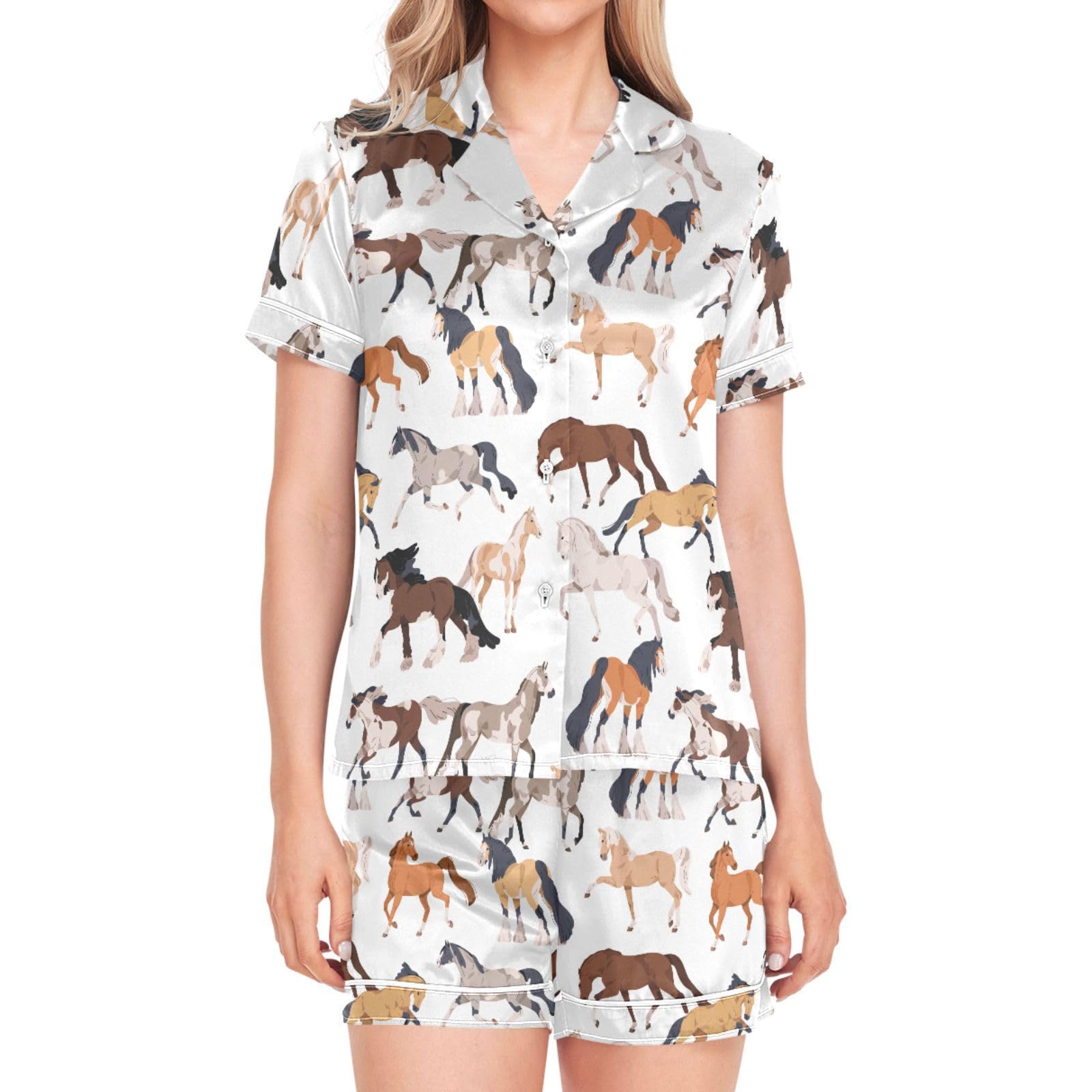 Oarencol Womens Pajama Set Short Sleeve Sleepwear Soft Satin Lounge Pjs Sets with Pockets Summer Pajamas for Womens S-XXL