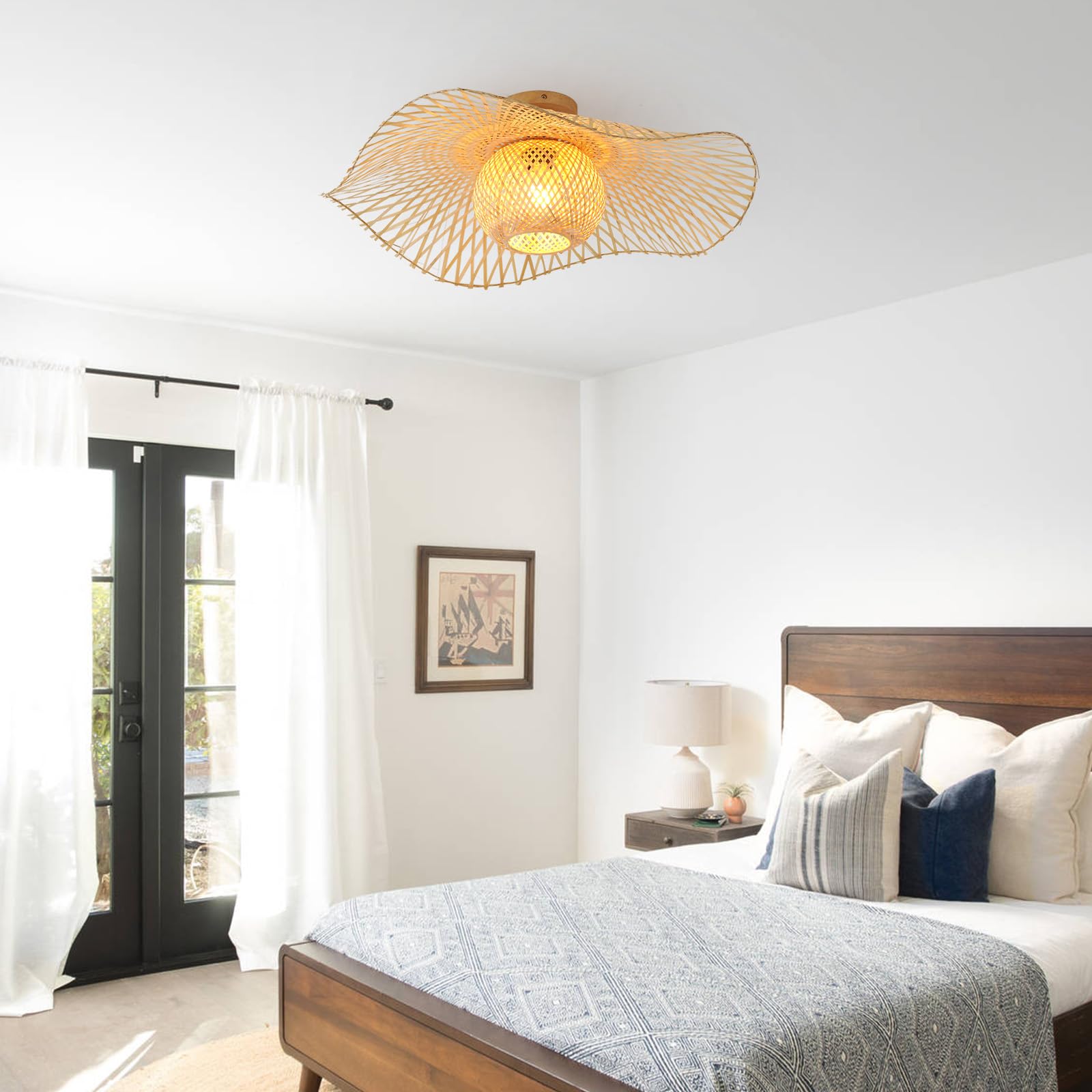 Lampadario Camera Da Letto In Bamboo e legno,65Cm Boho Lampadario Soggiorno Tessuto A Mano E27 Lampadari Cucina Per Salotto Sala Da Pranzo Ristorante