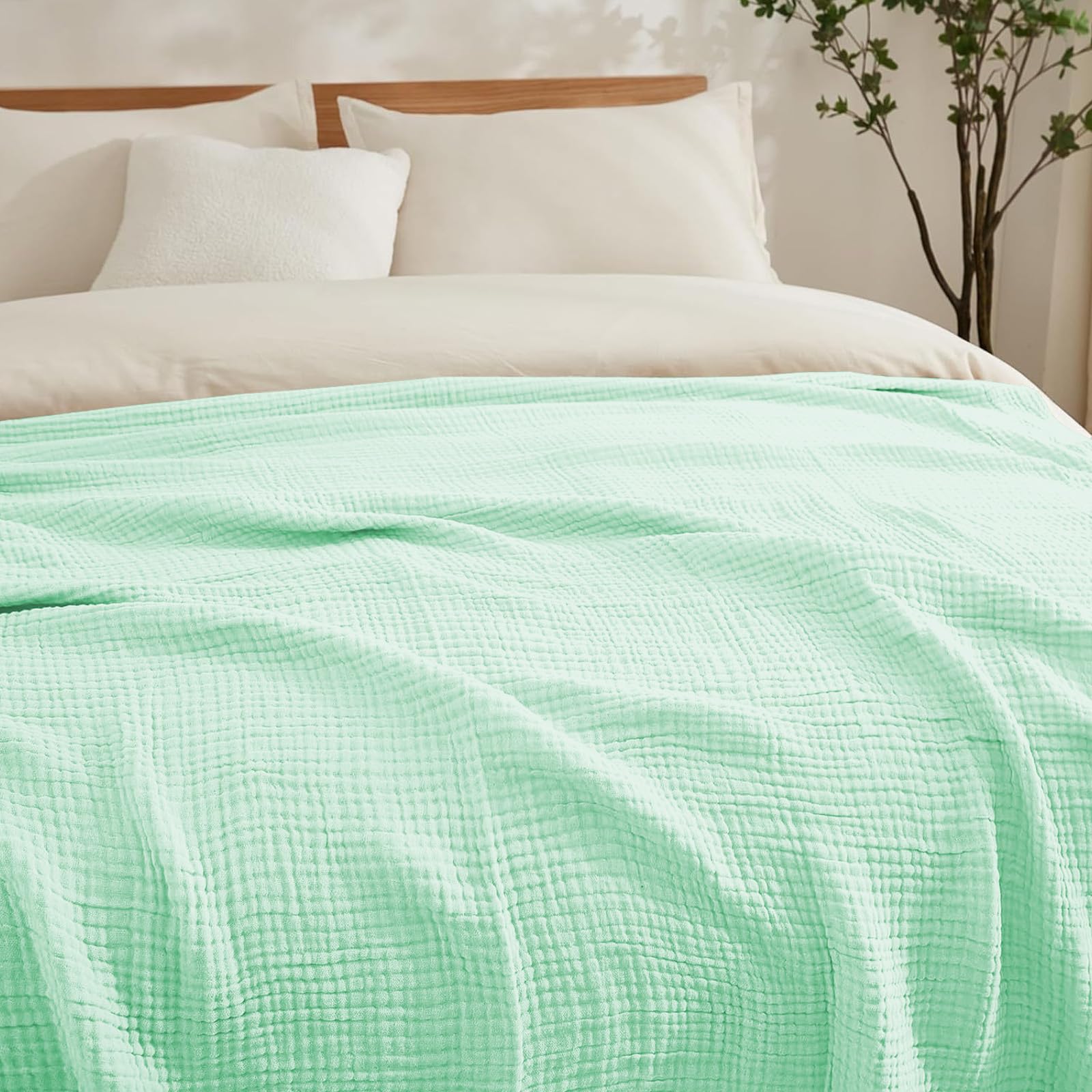 Musselin Decke 150x200 cm – 100% Baumwolle, 6-Lagige Weiche Sommerdecke, Atmungsaktive Dünne Kuscheldecke für Bett & Sofa, Tagesdecke Couch Überwurf (Hellgrün)