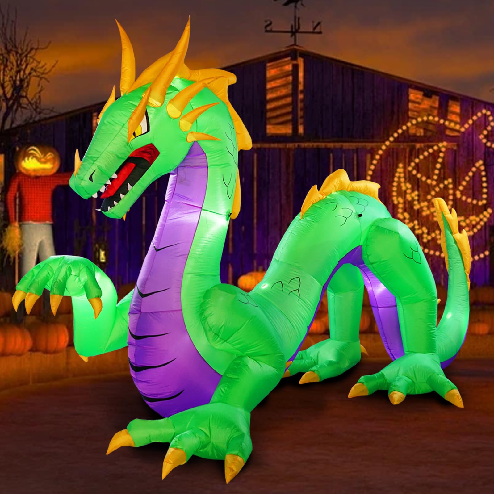 10Ft Long Halloween Inflatable Dragon Outdoor Decoration, Huge Green Dragon Inflatables with LED Lights for Yard, Lawn and Halloween Outdoor Decoration