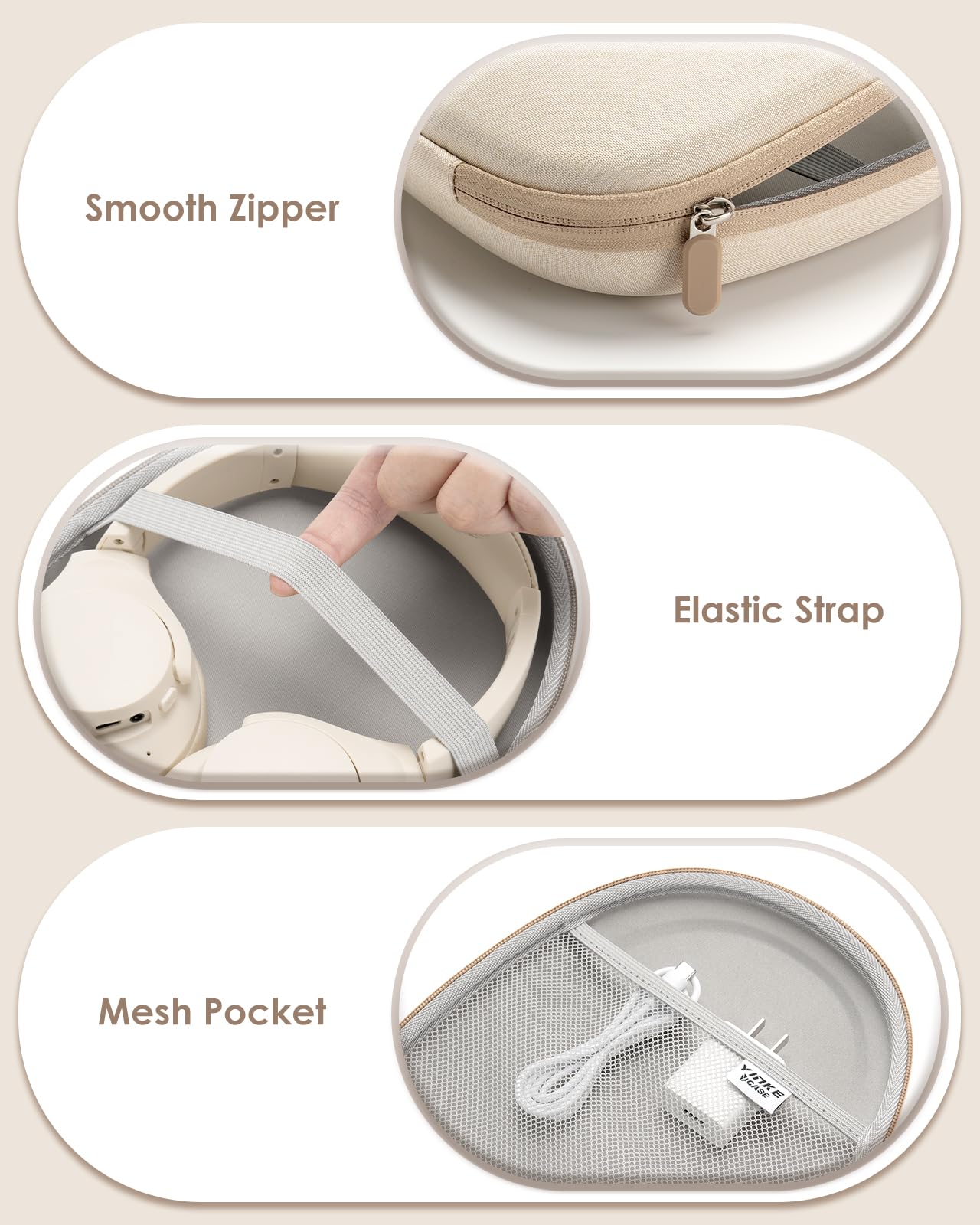 Custodia rigida per cuffie, super sottile, per cuffie Soundcore Anker/Sony/JBL/Bose/Skullcandy Crusher/BERIBES/KVIDIO/TOZO/JLab, borsa organizer da viaggio universale portatile (beige)