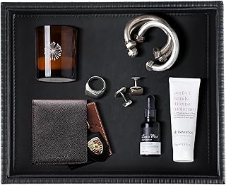 HofferRuffer Faux Leather Vanity Tray, Elegant Desktop Storage Organizer, Decorative Catchall for Perfume, Bathroom Valet, Nightstand or Dresser, 10.2 x 8.4 x 1.8 inches (Black Stripe)