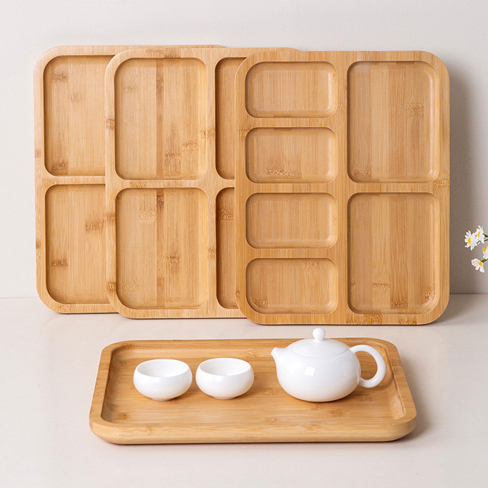 HUHJYUGE Bandeja de Servir, Bandeja para Desayuno, Té, Bandeja Madera Rectangular, Bandeja de Cocina, Bandejas Decorativas para Postre, Café, Pastel, Aperitivos (4)