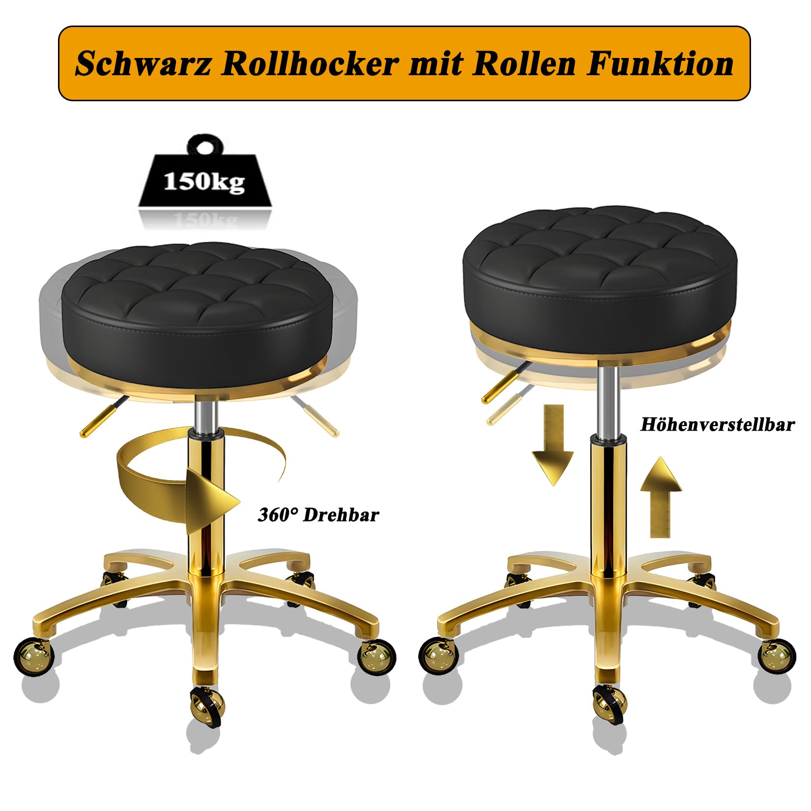 Rollhocker Gold Hocker mit Rollen, Rund Drehhocker Höhenverstellbar 43-55 cm, Komfort PU Leder Bürohocker Arbeitshocker Belastbar Bis 150kg, Schminkhocker für Massage Salon Spa (Schwarz)