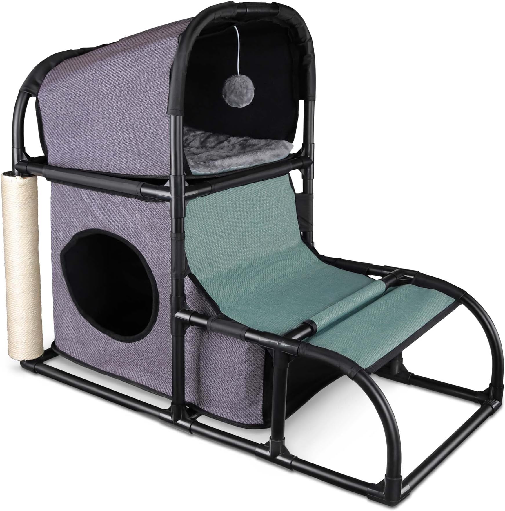 Goetland PVC Modern Cat Condo House Tree Medium Tower Bed Scratching Post Climber With Peek Hole and Dangling Ball for Kitty Indoors Dark Grey