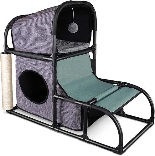 Goetland PVC moderno gato condominio casa árbol torre cama rascador poste escalador con agujero de mirada y bola colgante para gatito interior gris