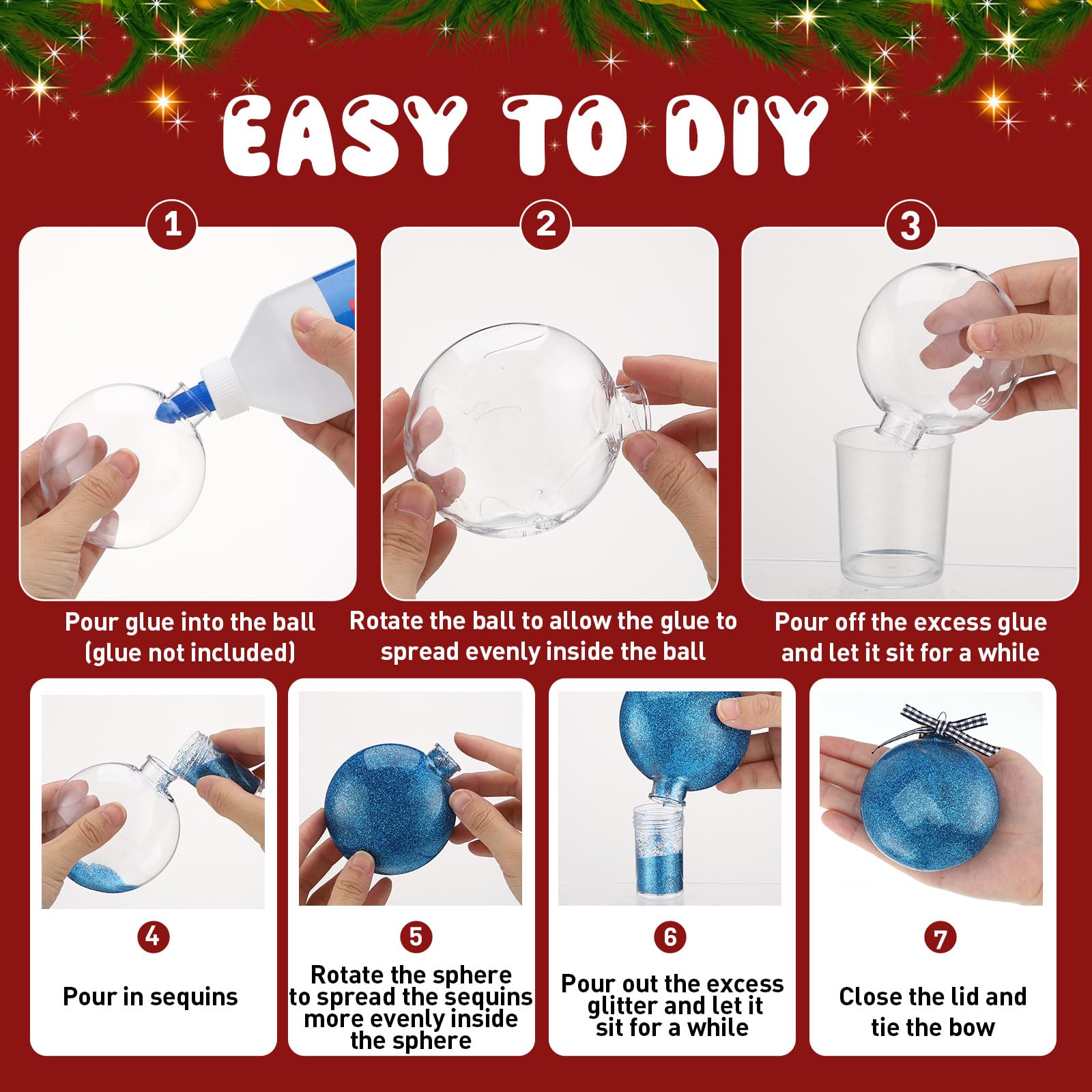 Hiboom Lot de 48 boules de Noël en plastique transparent à remplir avec paillettes de 12 couleurs et ruban de Noël de 20 m pour loisirs créatifs, décoration à suspendre (doré)