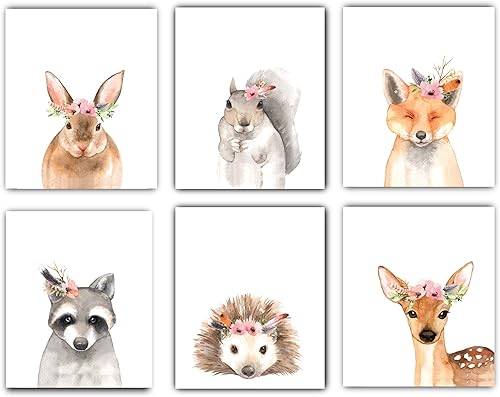 Designs by Maria Inc. Juego de 6 pósteres de corona floral sin marco, decoración de guardería del bosque, decoración de pared de animales de