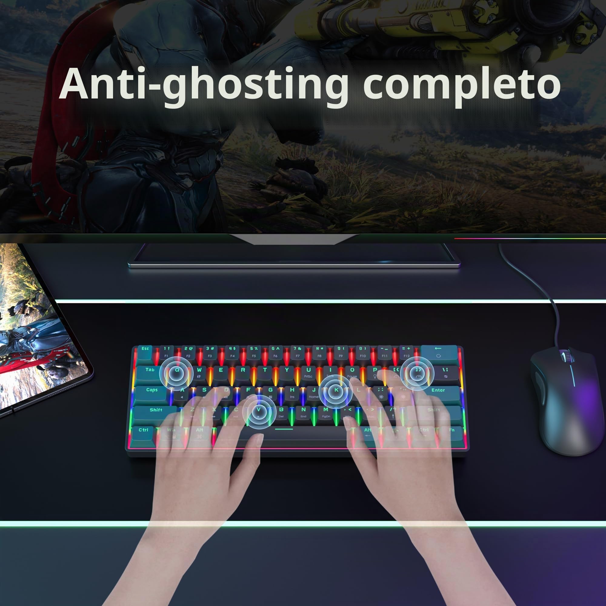 Tastiera Meccanica 60%, 61 Tasti, Mini Tastiera Gaming 60 Percento Retroilluminazione, QWERTY Americana，Switch Lineari Rossi, PBT Keycaps Anti-Ghosting Compatta per PC/Mac