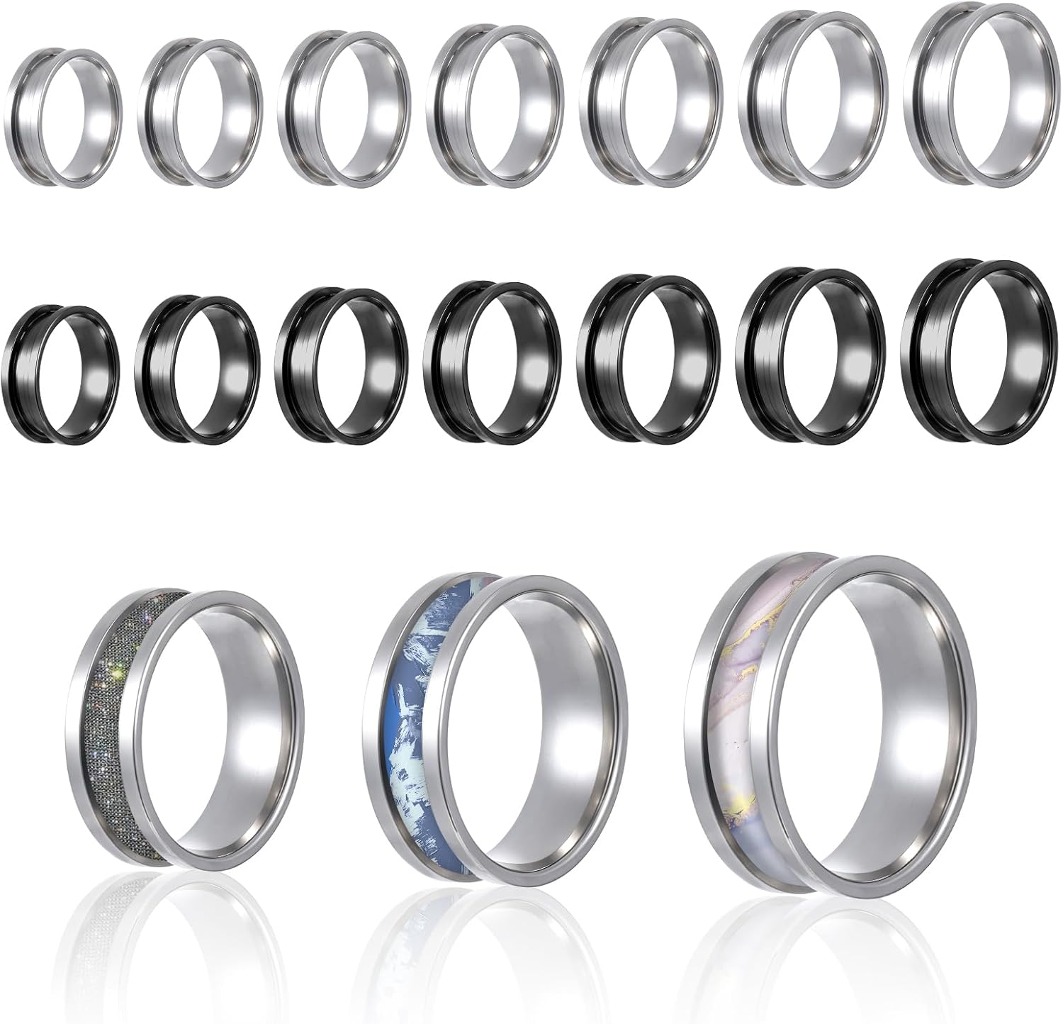 14PCS Stainless Steel Ring Blanks for DIY Jewelry Making - Grooved Inlay Empty Rings US Sizes 6-12 Black & Silver