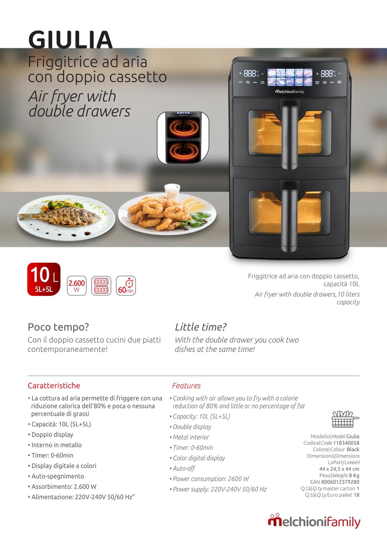 Friggitrice ad Aria Melchioni Giulia Doppio Cassetto Verticale 10L 2600W Display a Led Colorato Doppia Resistenza Silenziosa con Timer by Dimensione Elettronica S.R.L.