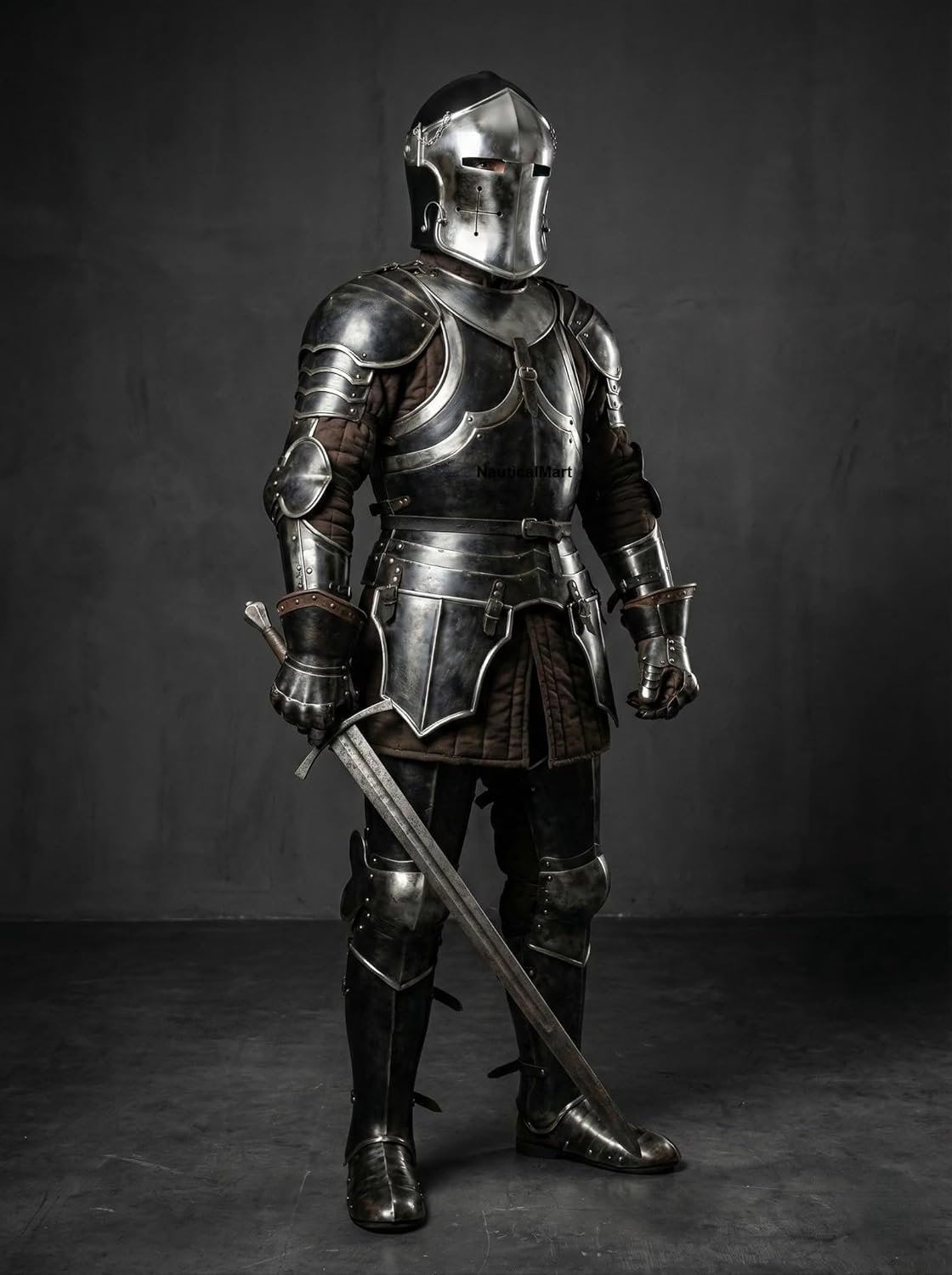 Medieval Full Body Barbuta Armor Suit- Black and Silver Knight Armor Costume 18 Gauge Steel Barbuta Helmet, Pauldrone, Arm Bracers, Gauntlets, Leg Set Combat Armour for LARP, Cosplay, & Reenactments"
