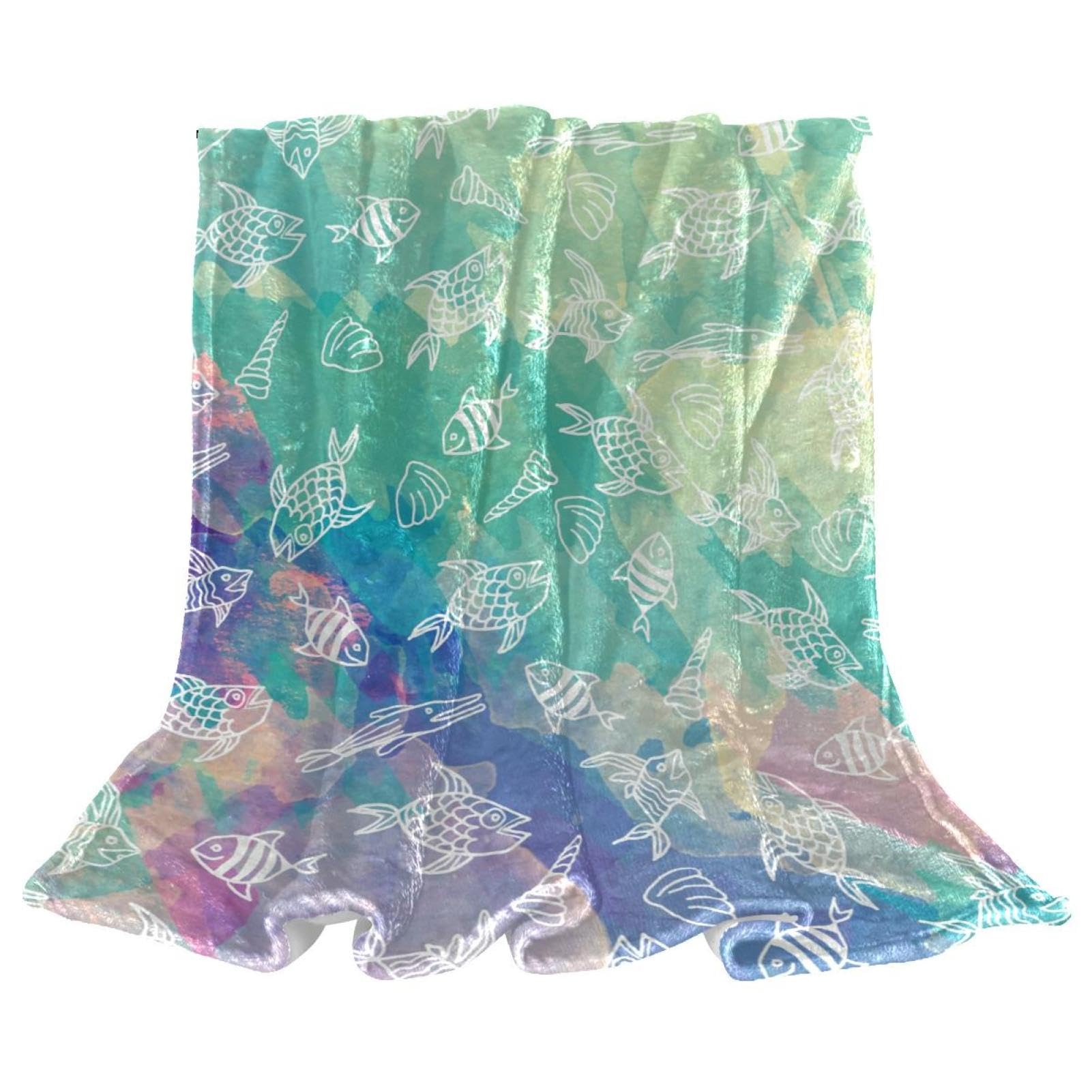 Couverture polaire poissons aquarelle contre frissons plaid microfibre doux 150x200