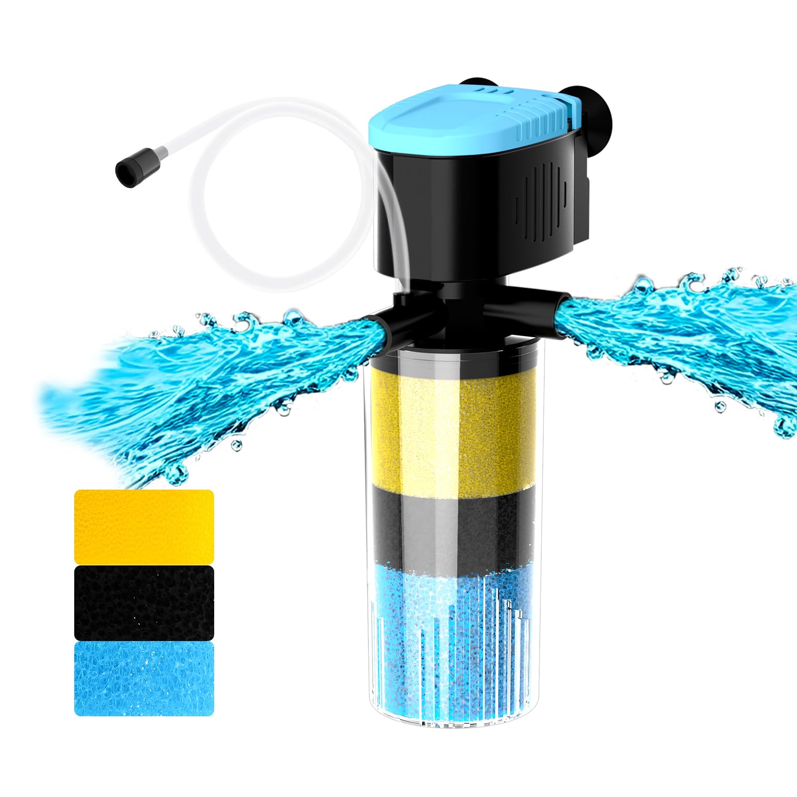 AquaMiracle Filtro interno de acuario de 130 GPH, filtro de tanque de peces de 3 etapas con salidas dobles y aireación, filtro de tortuga sumergible para tanques de 10 a 30 galones