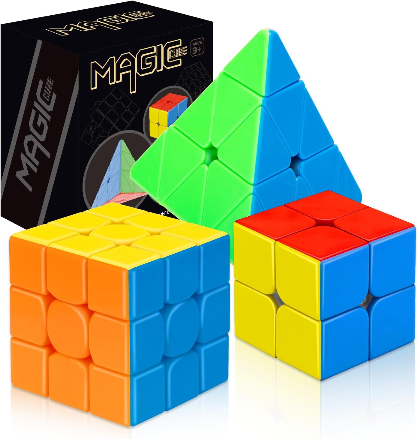 STEAM Life Speed Cube Set 3 Pack - Magic Cube Set with 3x3 & 2x2 Speed Cubes, Pyramid Cube - Smoothly Collection for Kids, Teens & Adults