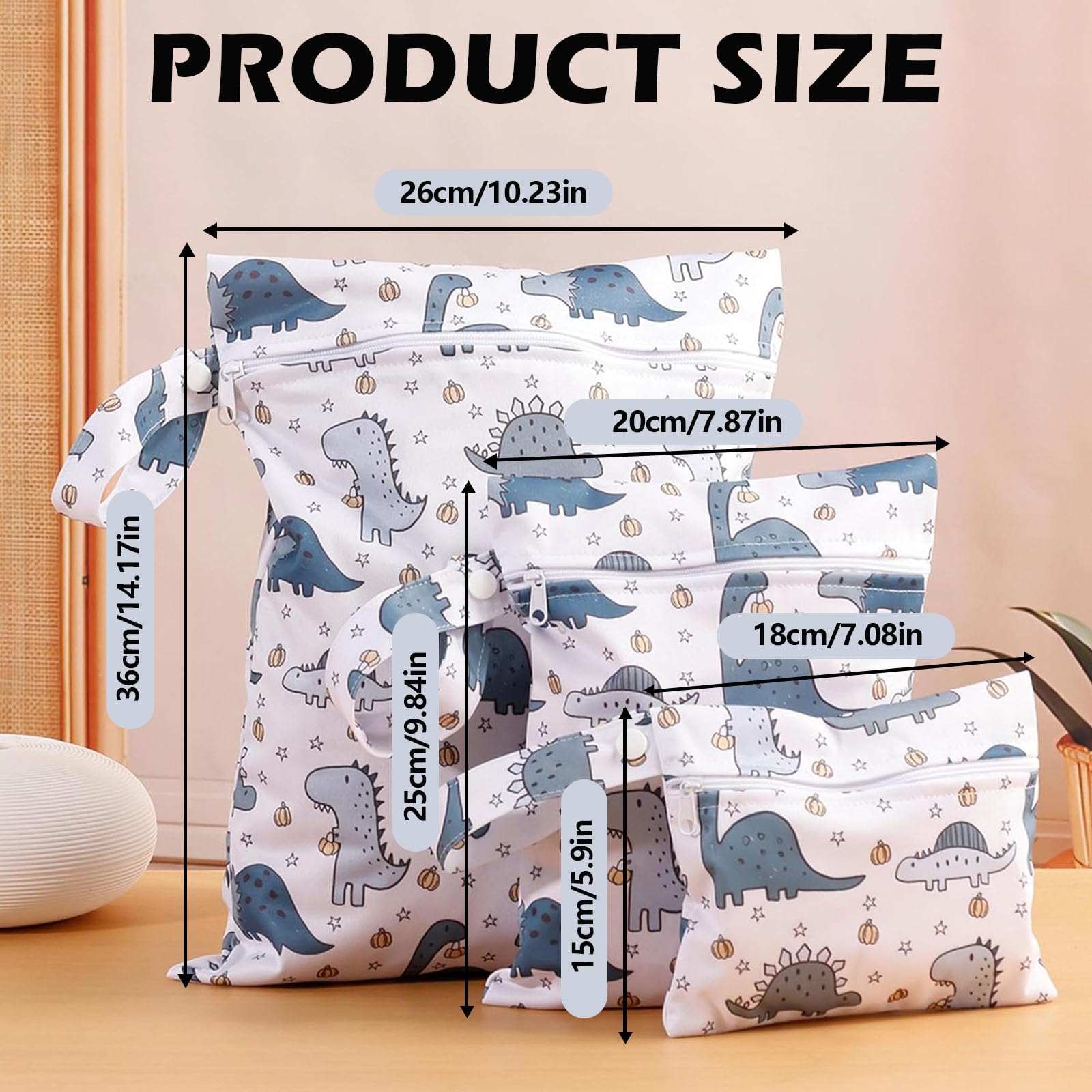 3 Pcs Reusable Waterproof Wet Bags, Nappy Bag Organiser, Wet Dry Bag, Dinosaur, Rainbow & Bear Patterns for Baby Swim, Travel - Image 2