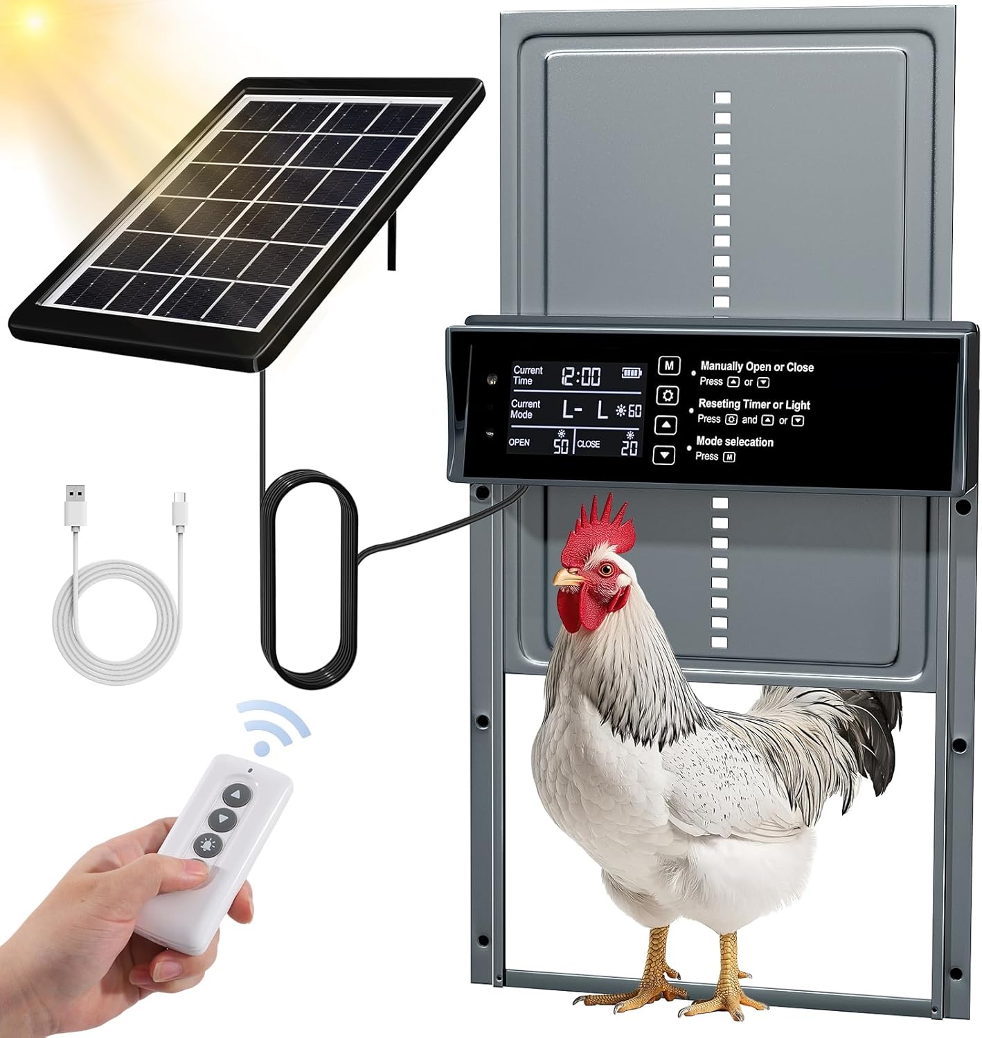 Solar Chicken Coop Door, Automatic Chicken Door Solar Powered & USB Charging, Automatic Chicken Door 4 Modes with Timer & Light Sensor, Anti-Pinch & Alert, Remote, LED Screen -Gray Blue