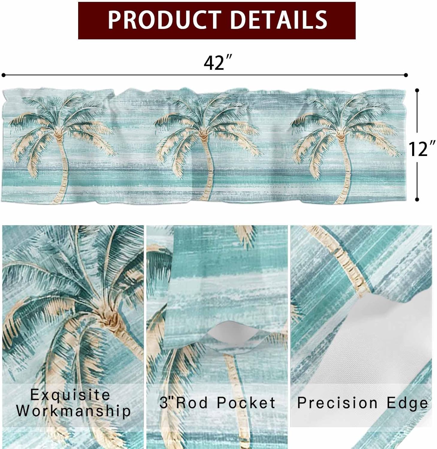 Palm Tree Valances for Windows, Rod Pocket Window Valance Curtain, Vintage Green Tree Light Filtering Short Curtain for Kitchen, Bathroom, Bedroom, 42x12 in