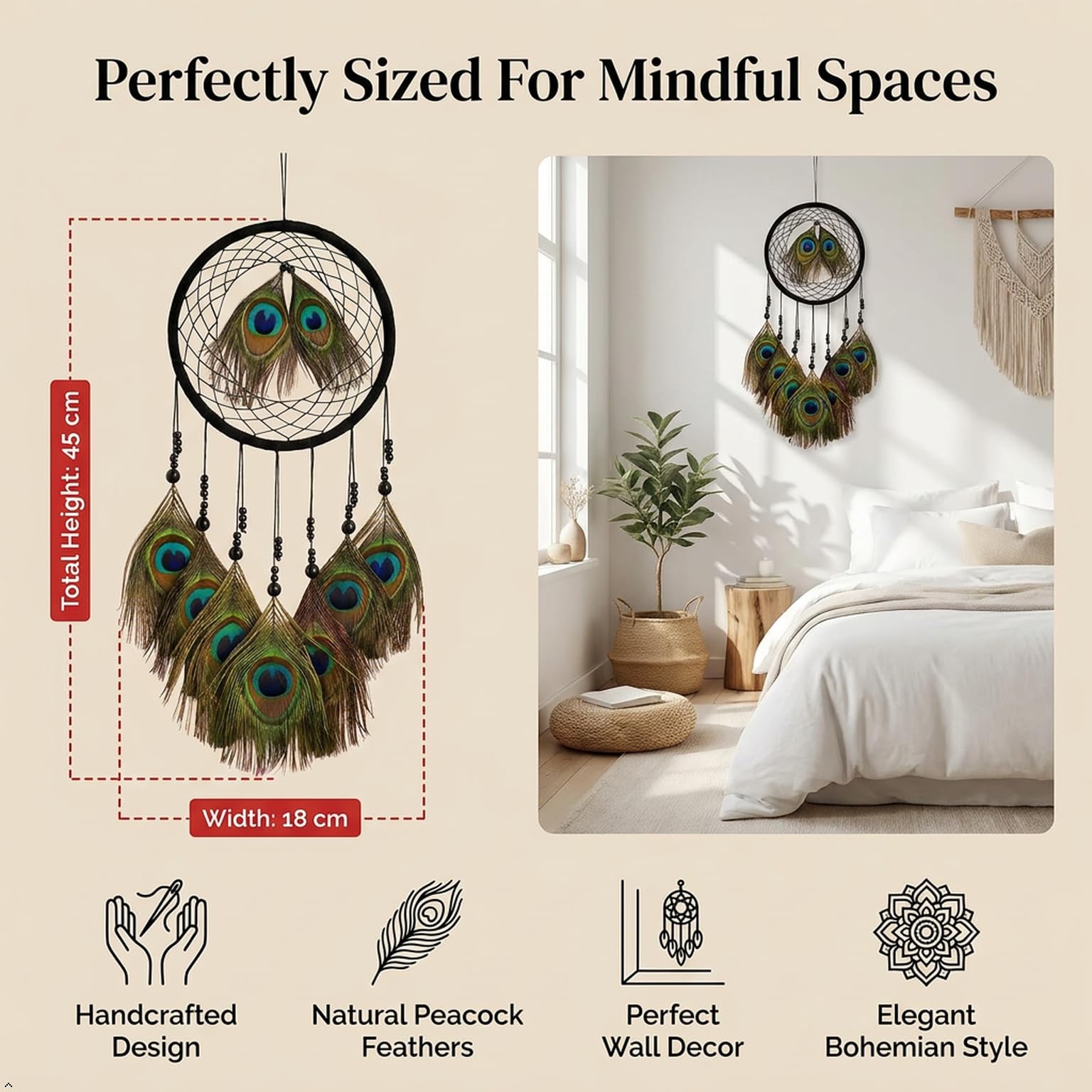 THE URBAN ARTISTIC Handcrafted Peacock Feather Dream Catcher Wall Hanging - Wooden, Bedroom Living Room Decor, Positive Energy, Multicolor Natural Feathers, Diwali Housewarming Gift, 45x18cm, Black