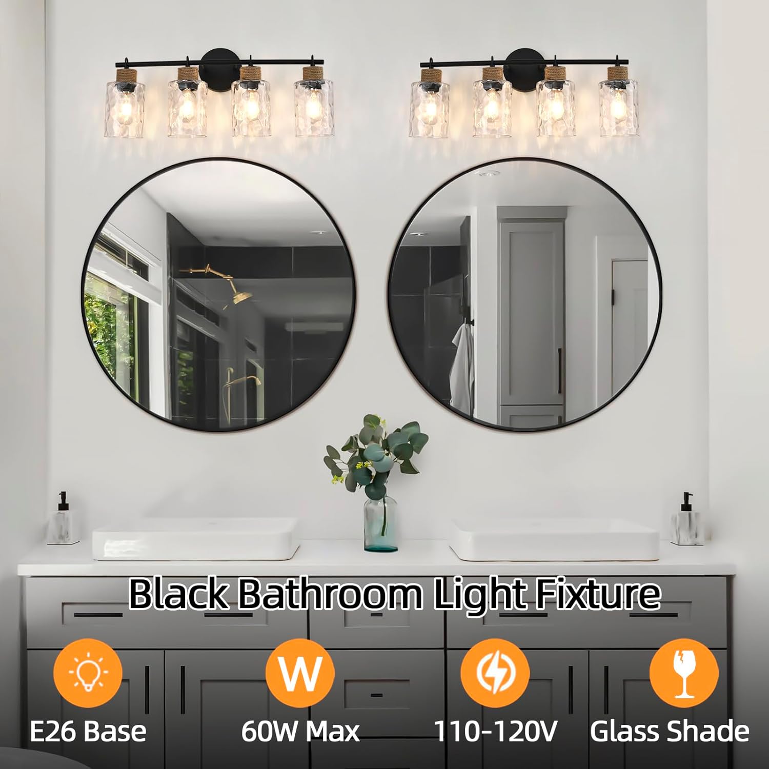 4-Light Bathroom Light Fixtures, Coastal Vanity Lights with Crystal Glass Shade, Black Bathroom Wall Lamp for Mirror Kitchen Hallway Bedroom