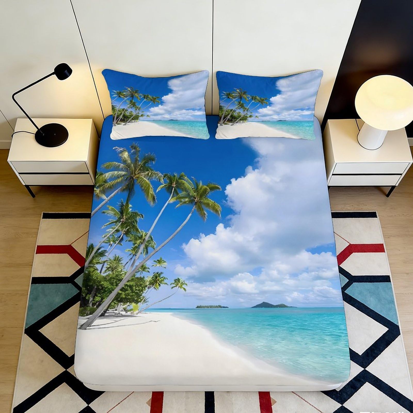 Pnayamiorkfel Style-1 3D Printed Tropical Beach Fitted Sheet Microfiber Blue Ocean Palm Trees Bed Cover Anti-Slip Easy Care For Bedroom Guest Room 90X200x25cm