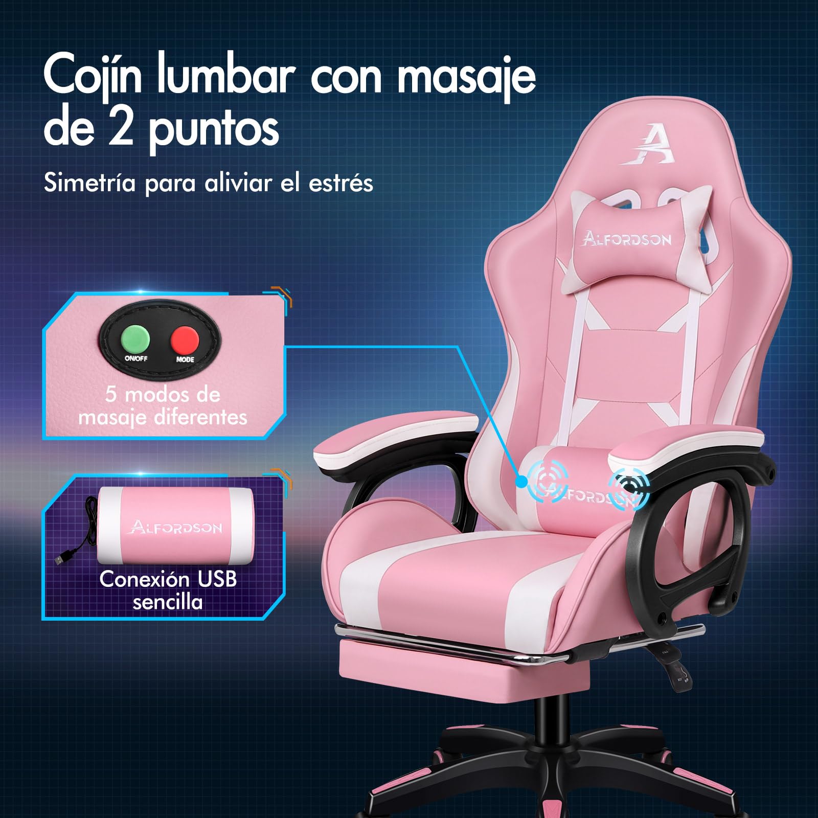 ALFORDSON Silla Gaming con Cojín Lumbar y Cervical, Silla Oficina Gamer Ergonómica Reclinable con Masajeador, Respaldo Alto Acolchado, Ideal Ordenador,Oficina,Videojuego,Escritorio, Cuero PU(Rosa)