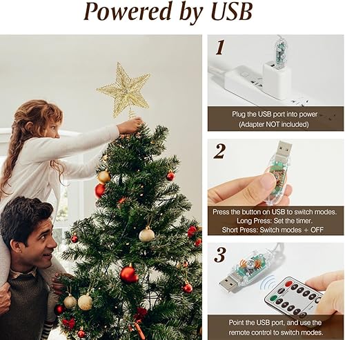 Miniatura 130 de Lewondr Decoración para árbol de Navidad, control remoto alimentado por USB, temporizador de 6 horas, estrella de árbol controlada con luces y Plata