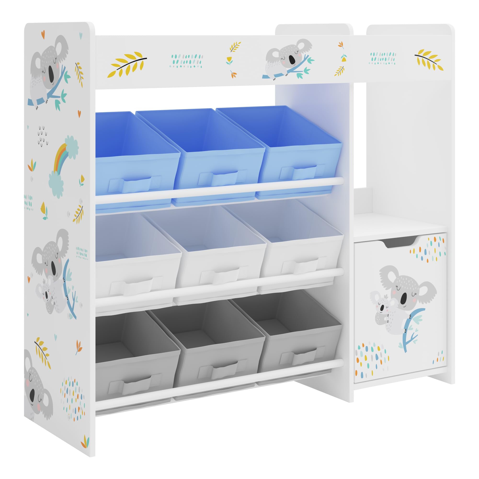 [en.casa] Étagère Enfant avec 9 Boîtes de Rangement et Armoire Meuble de Stockage Bibliothèque avec Koala Océan Panneau de Particules Polyester Métal 80 x 90 x 30 cm Blanc Gris Bleu