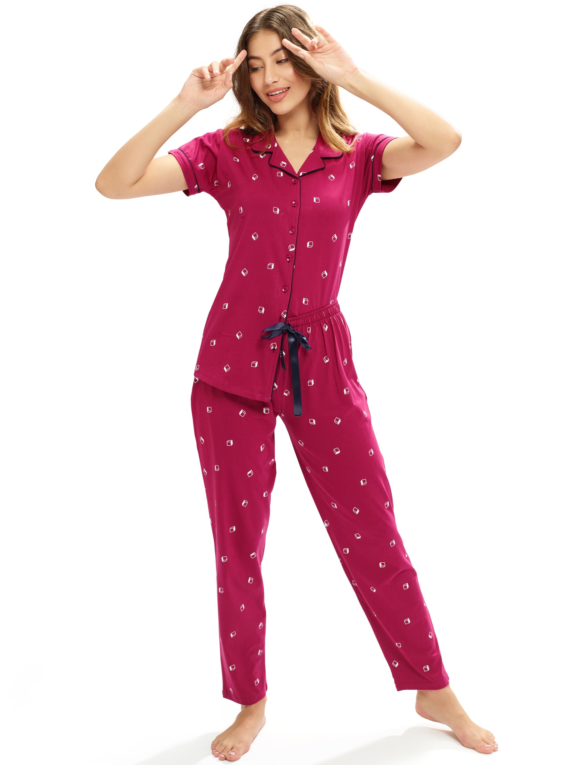 lotik Women Cotton Box Printed Shirt & Payjama Full Sleeve Night Suit Set-picture-7