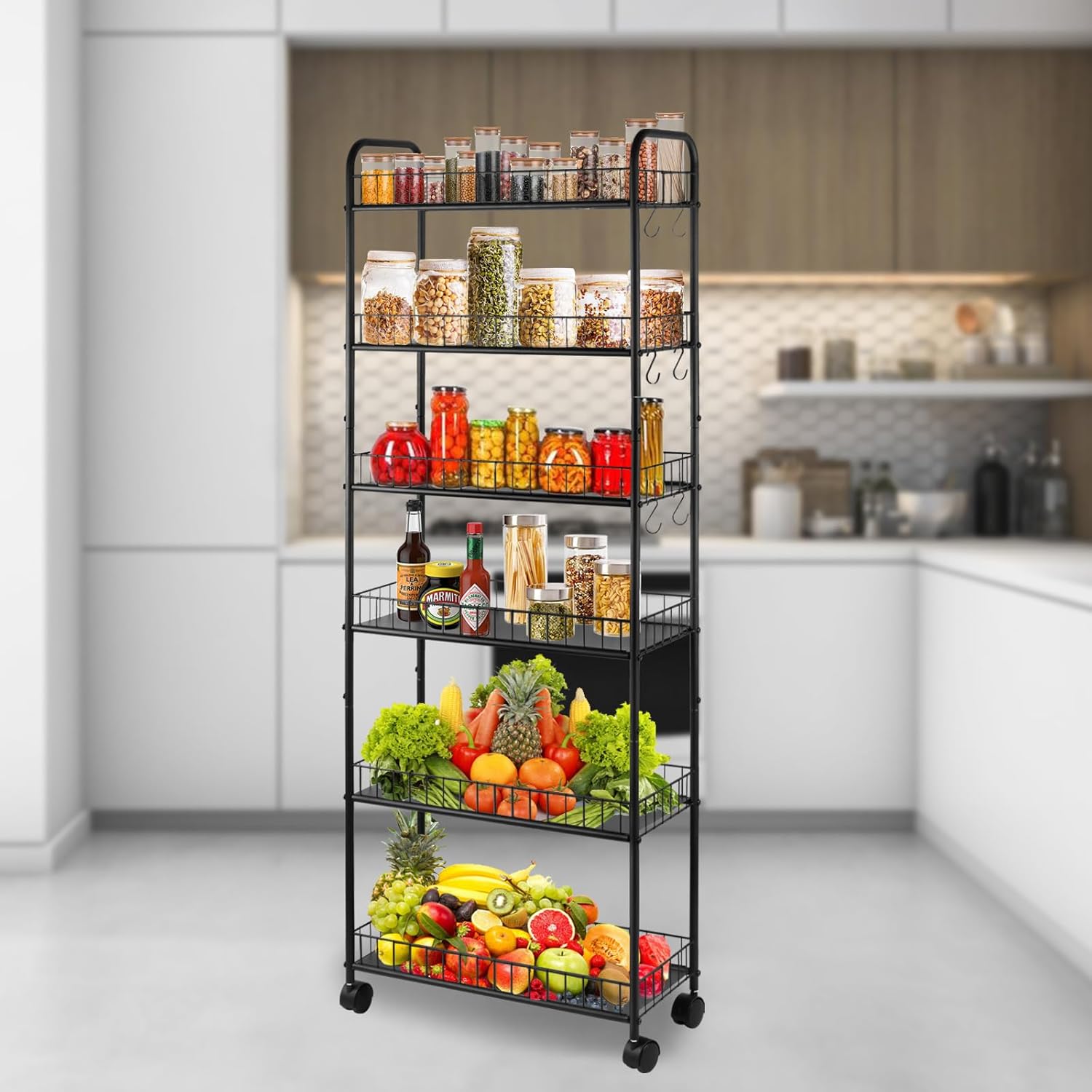 6 Tier 6in/10in Slim Rolling Storage Cart, Mobile Shelving Unit with Wheels, Metal Wire Storage Shelving Rack with Baskets for Kitchen Bathroom Office Laundry Narrow Places (6 inch)