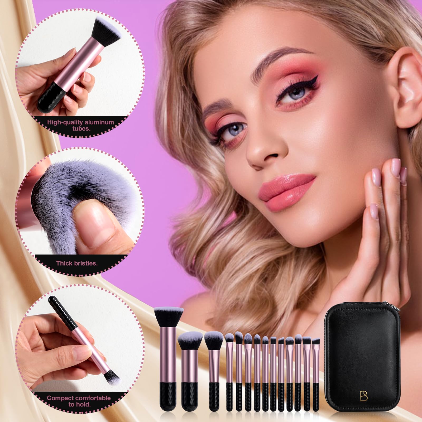 BS-MALL Juego de 14 brochas de maquillaje con espejo de luz LED, herramientas cosméticas de primera calidad para rutinas de belleza impecables (negro)