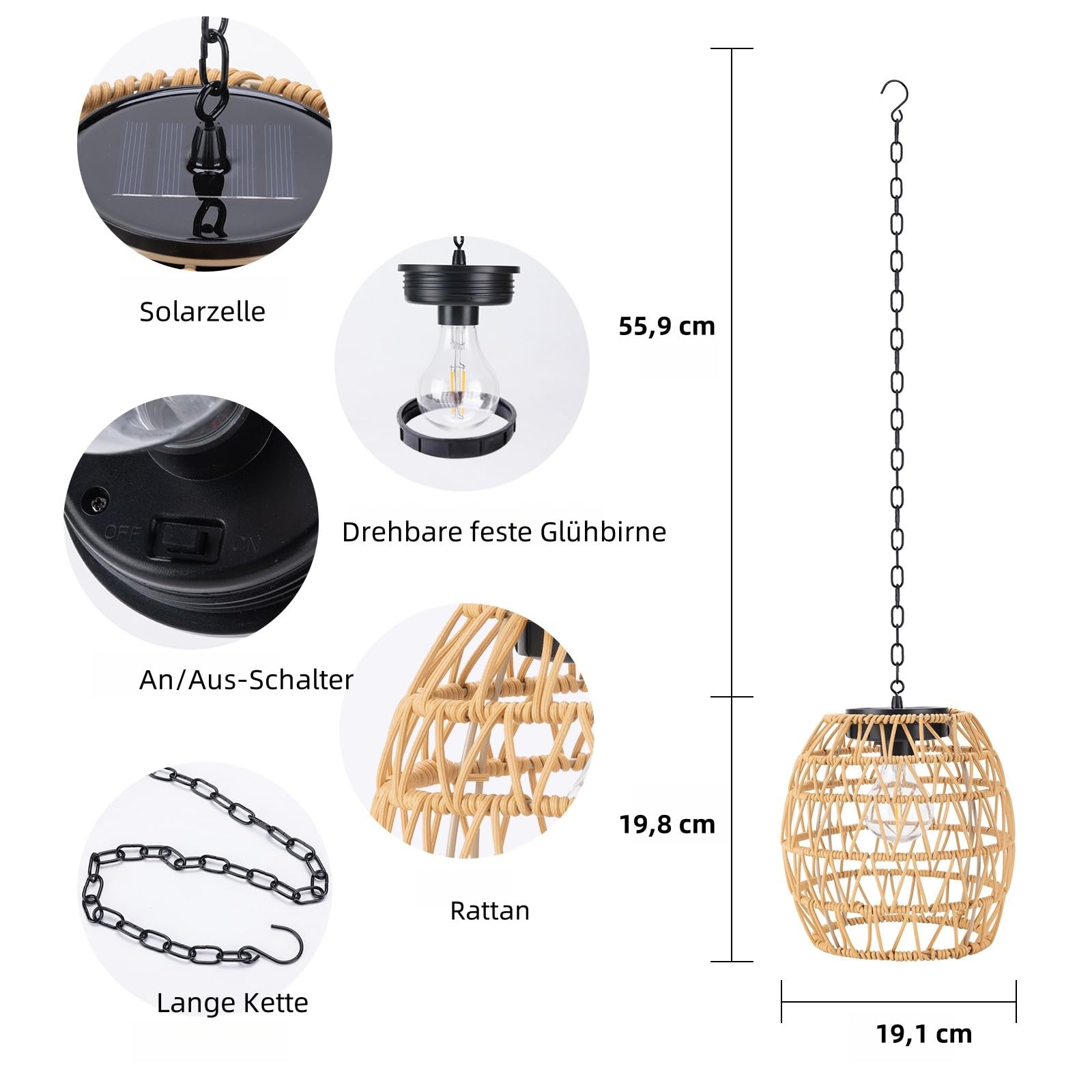 Pearlstar Solarlampen für Außen hängend, Rattan Solarlaterne für Außen wetterfest, Solarleuchten Garten im böhmischen Stil für Balkon, Terrasse, Patio, Hof-Deko