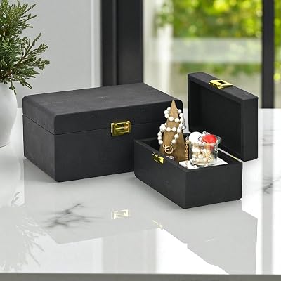 Alethea Set of 2 Decorative Storage Boxes - Shagreen Pattern - Black with Gold Handles - For Organization, Trinkets, Keepsakes - By Cheungs
