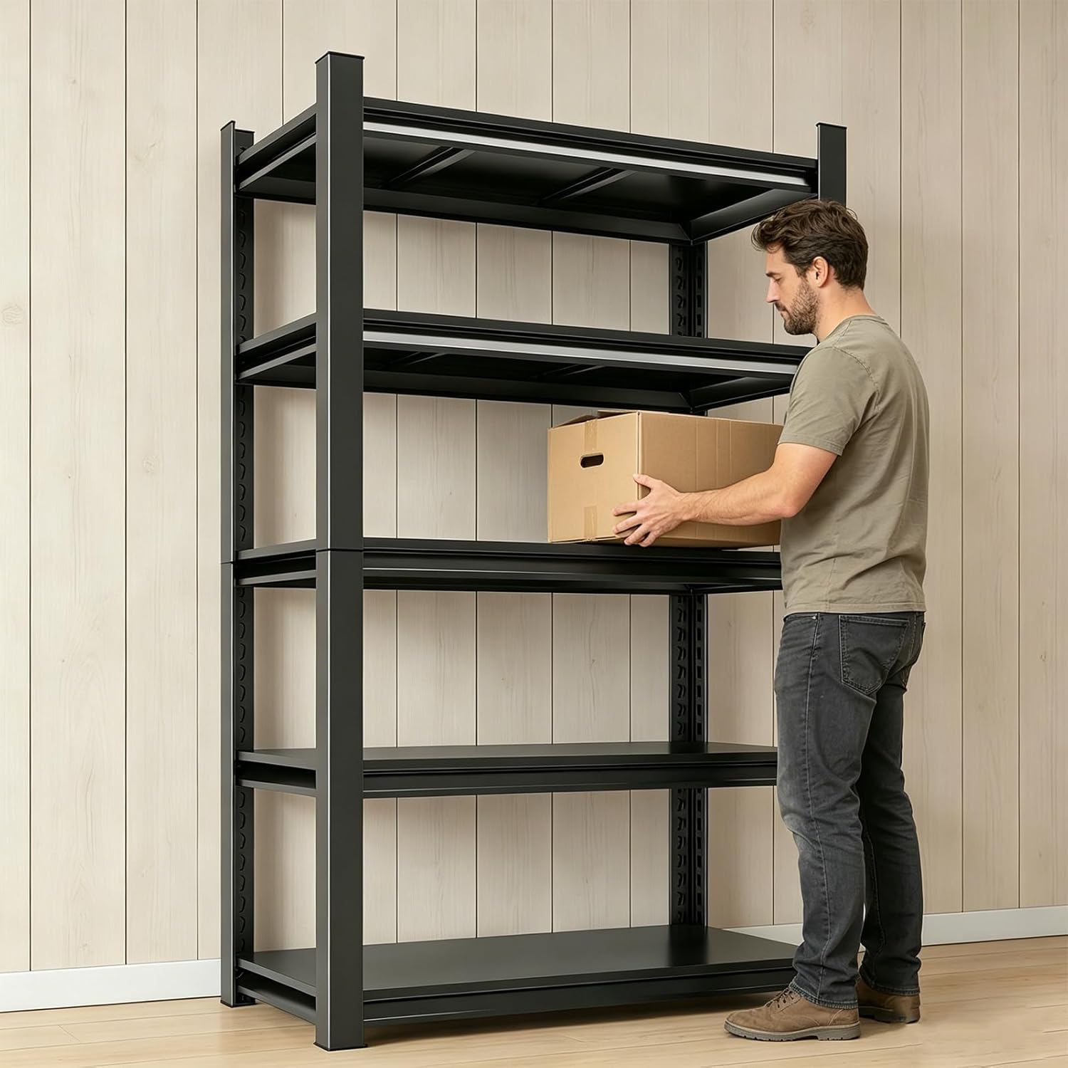 Heavy Duty Garage Shelving Unit, 5-Tier Adjustable Metal Shelving, 2500 lbs Capacity Steel Storage Shelves, Industrial Utility Rack for Garage, Basement, Black, 39.4" W x 15.8" D x 77.4" H
