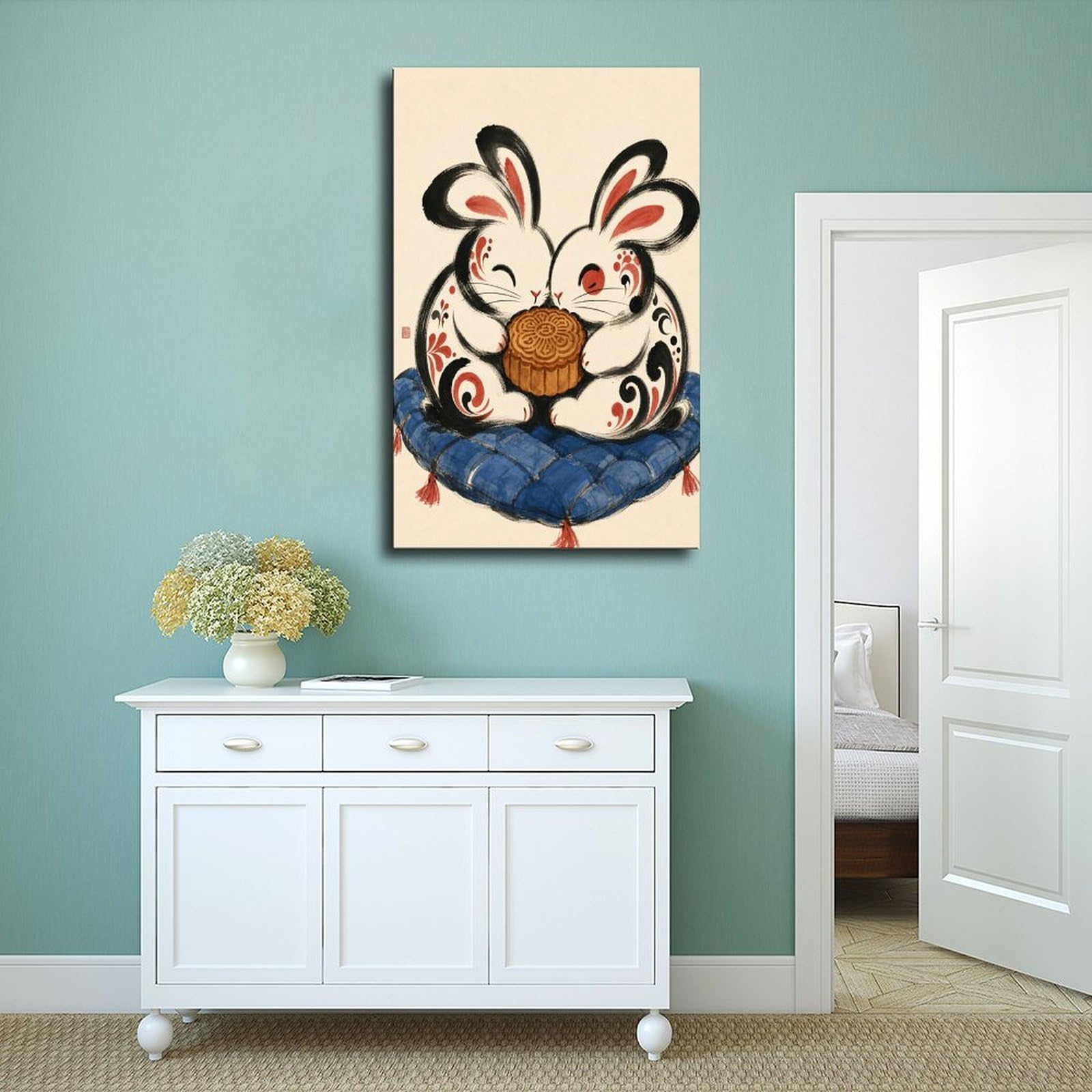 W7C8U2X3 Pareja de Conejos con Tambor Cuadro en Lienzo, Dormitorio | Festival Folclorico, Poster en Lienzo Entrada, Festival Folcloric, Pasillo, Arte Folk, Decoracion Salon, 24x36inch(60x90cm).