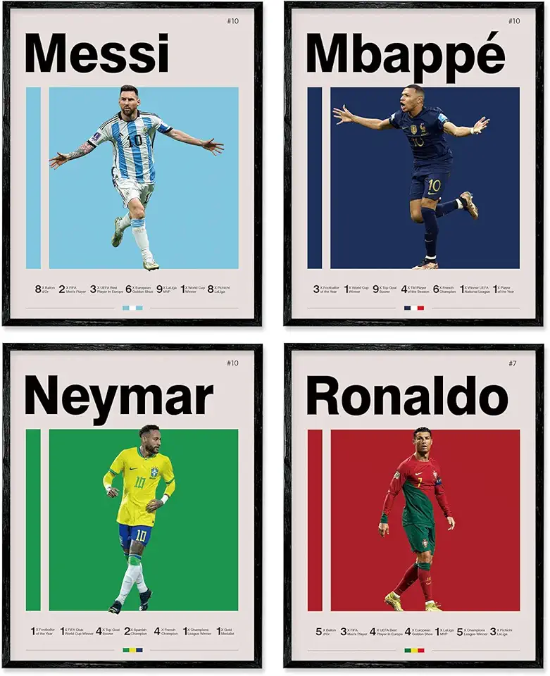 Pôster de futebol 20 x 25 cm impressões em tela sem moldura conjunto de 4 - Messi, Ronaldo, Mbape e Neymar famoso pôster de estrela do futebol decoração esportiva para quarto de meninos arte de parede